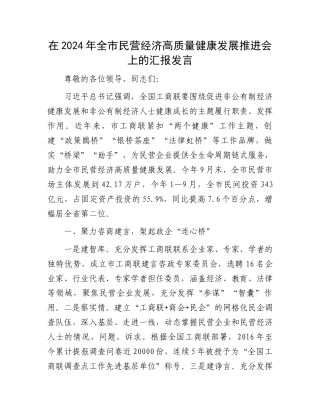 在2024年全市民营经济高质量健康发展推进会上的汇报发言