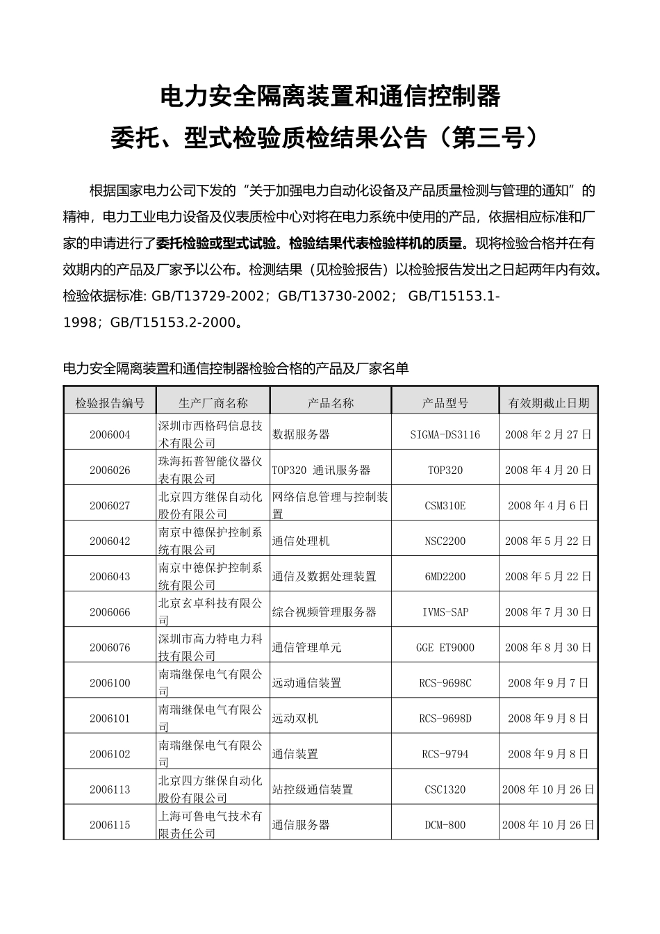 电力安全隔离装置和通信控制器检验公告（第三号）doc-_第1页