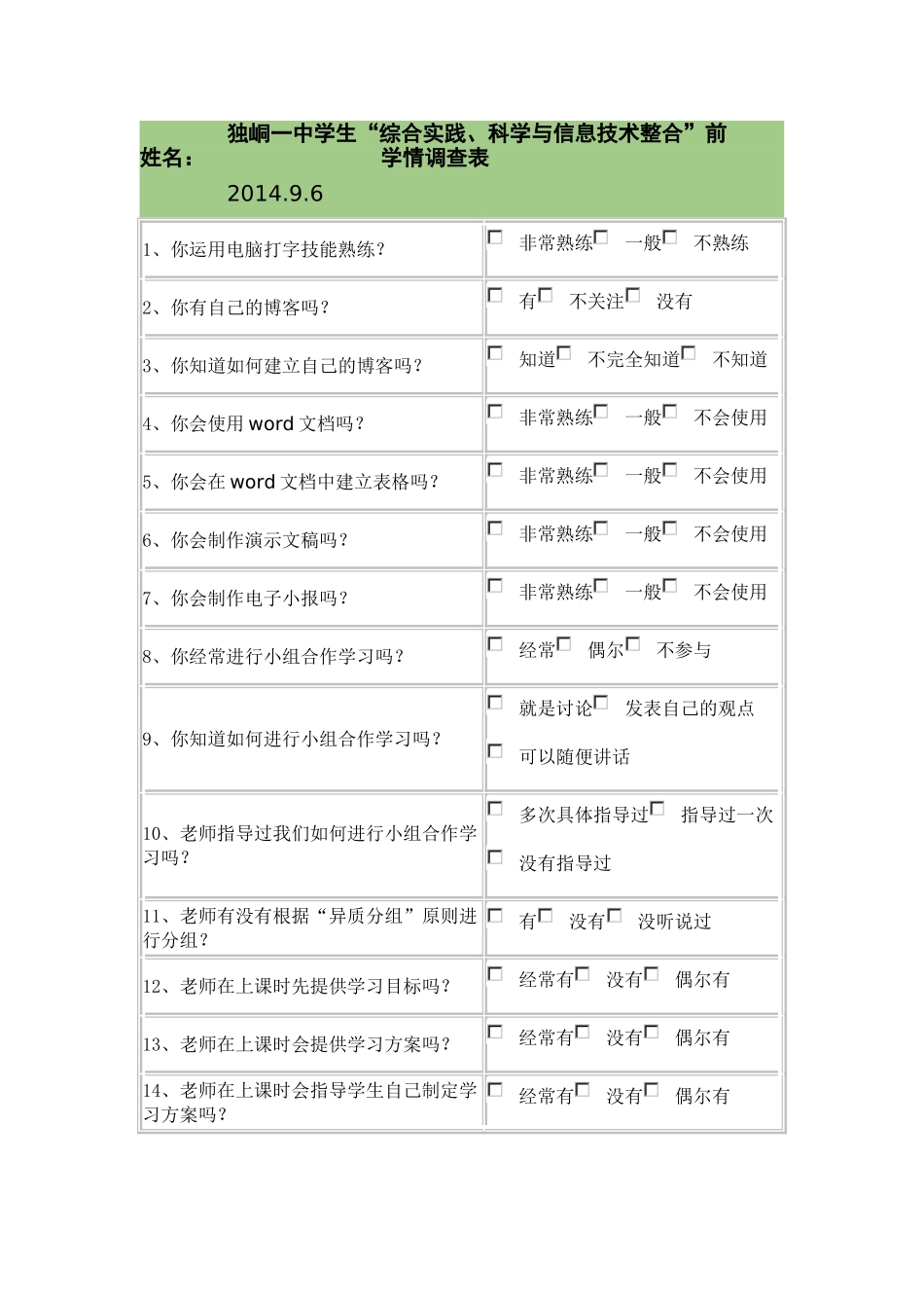 独峒一中学生问卷调查表_第1页