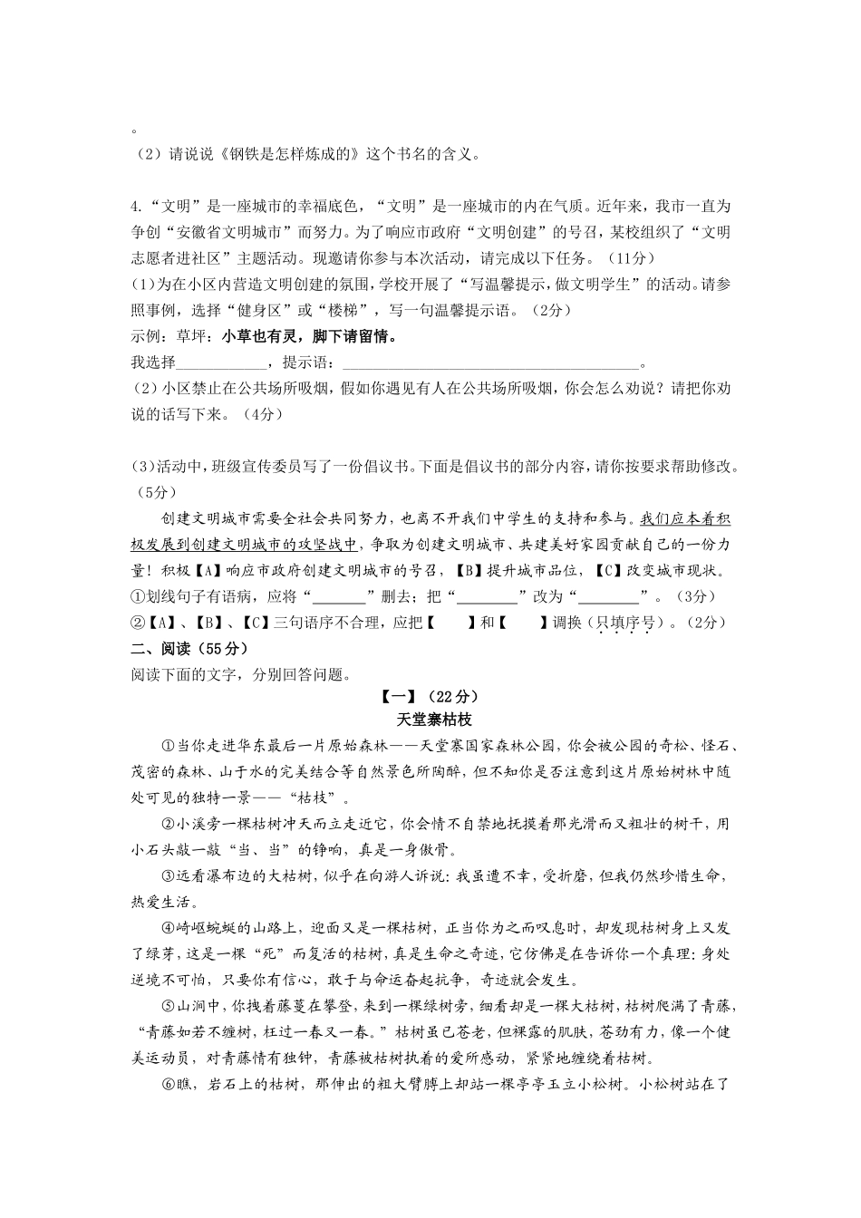 2014年安庆市中考模拟考试(一模）语文试题（word版)_第2页