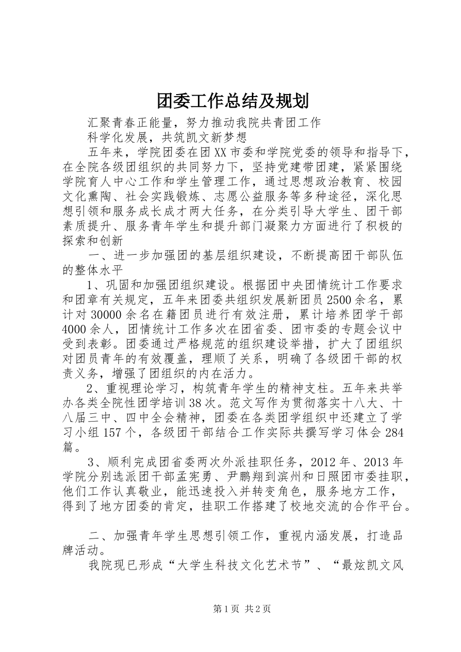 团委工作总结及规划 _第1页