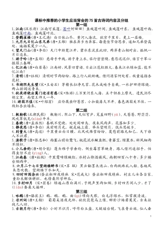 课标中推荐的小学生应当背会的75首古诗词内容及分组(1)