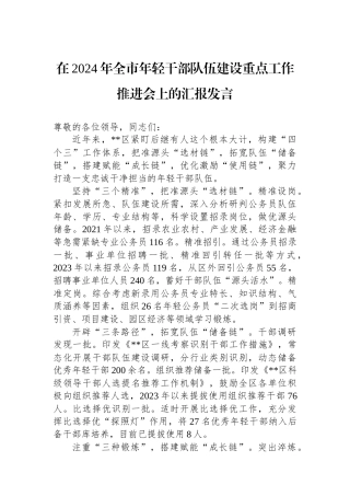 在2024年全市年轻干部队伍建设重点工作推进会上的汇报发言