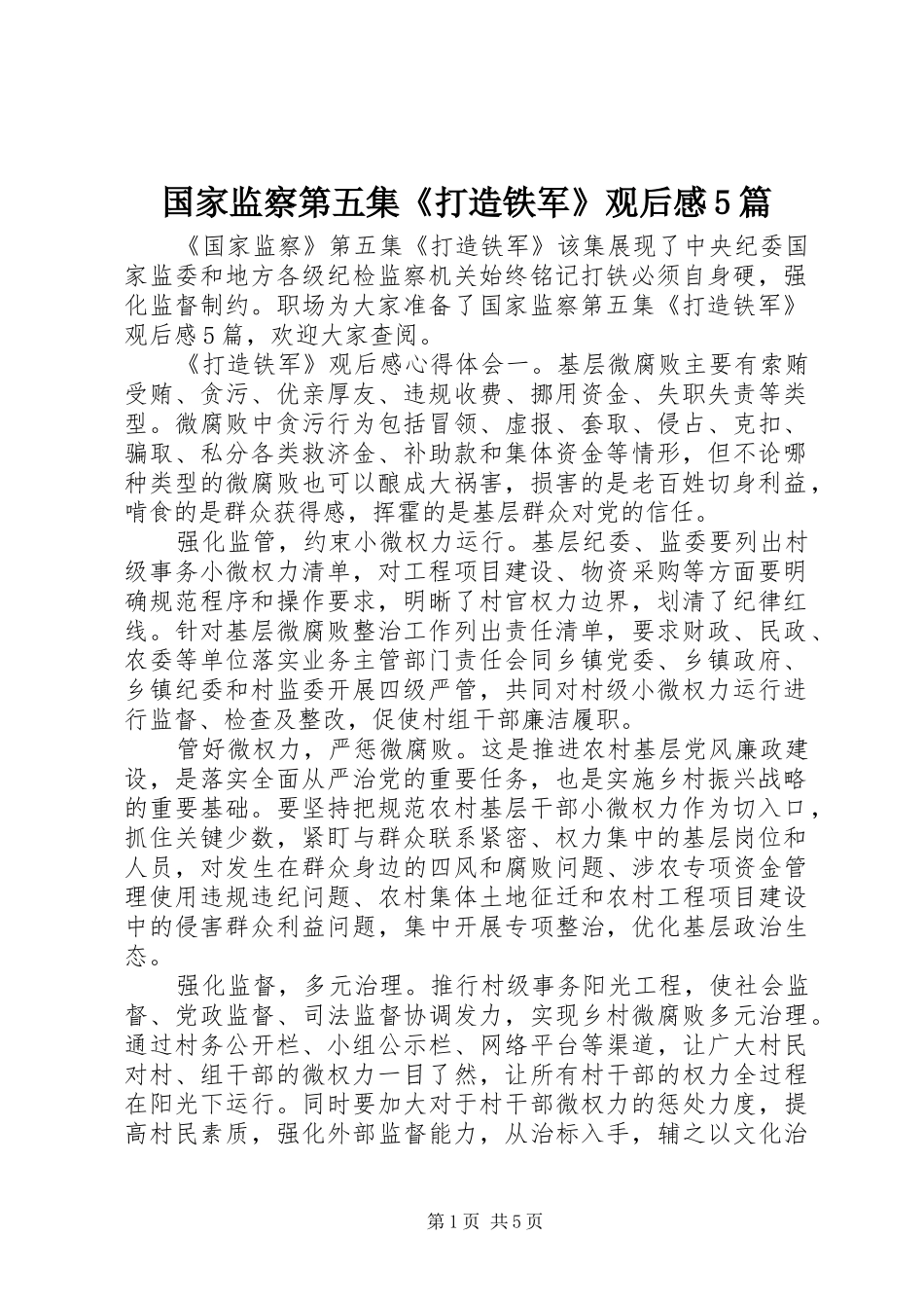 国家监察第五集《打造铁军》观后感5篇_第1页