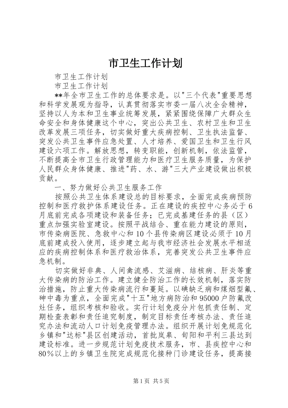 市卫生工作计划 _第1页