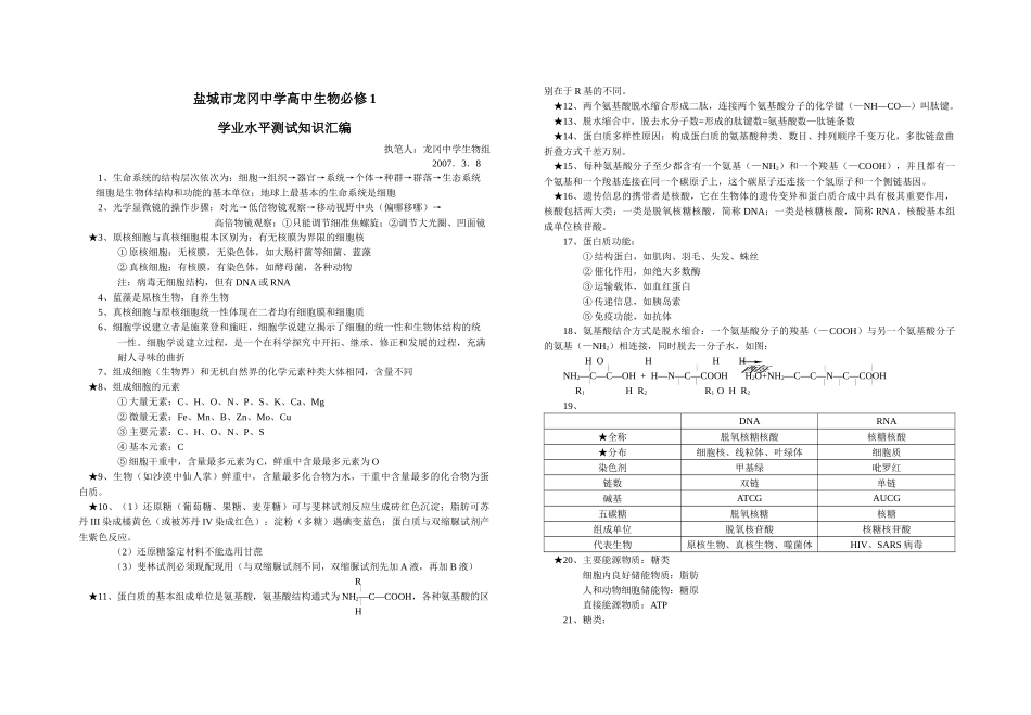 盐城市龙冈中学高中生物必修1学业水平测试知识汇编_第1页