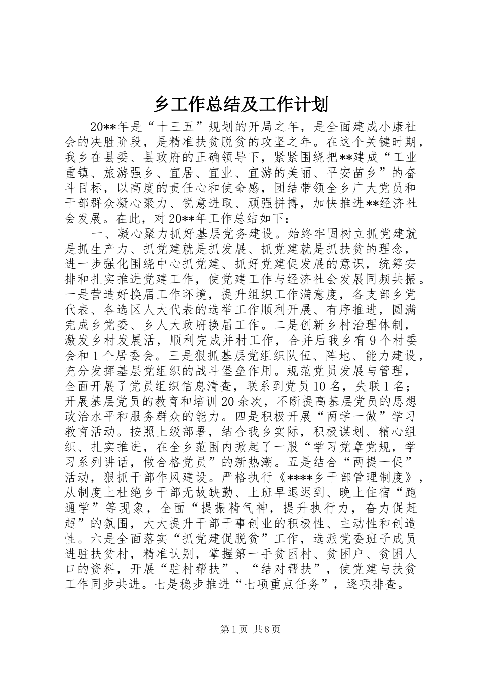 乡工作总结及工作计划 _第1页