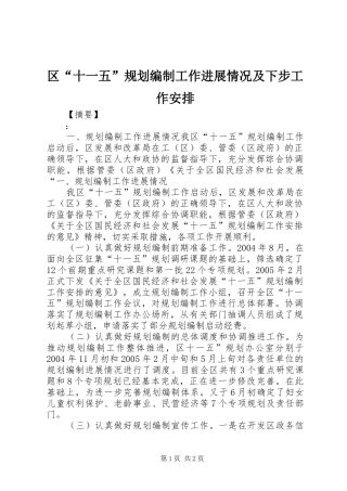 区“十一五”规划编制工作进展情况及下步工作安排 