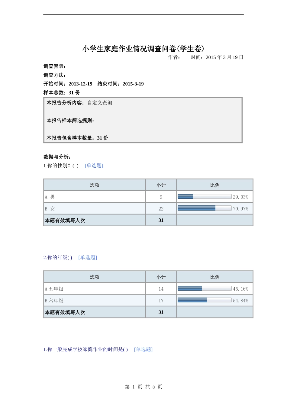 小学生家庭作业情况调查问卷(学生卷)－默认报告_第1页