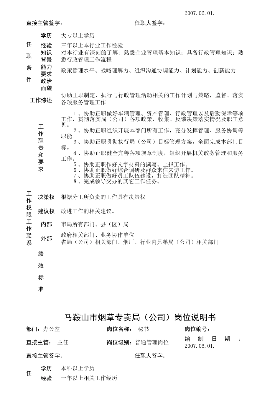 某市烟草专卖局公司岗位说明书_第2页