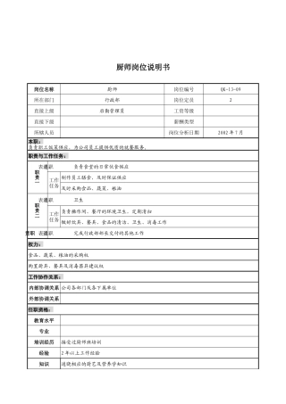 乾坤木业公司行政部厨师岗位说明书