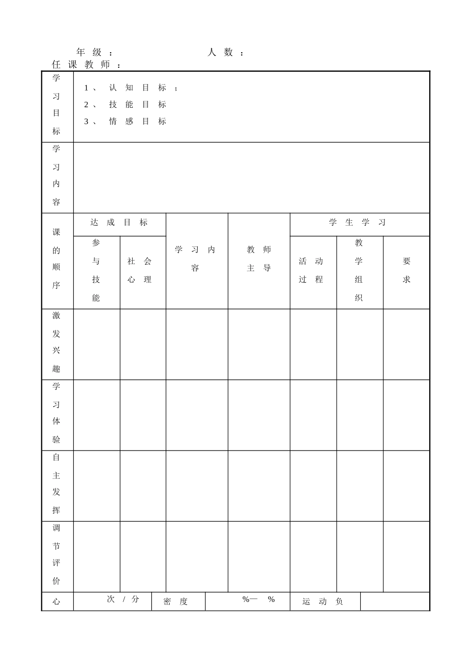 十五个《体育与健康》教案表格样式_第2页