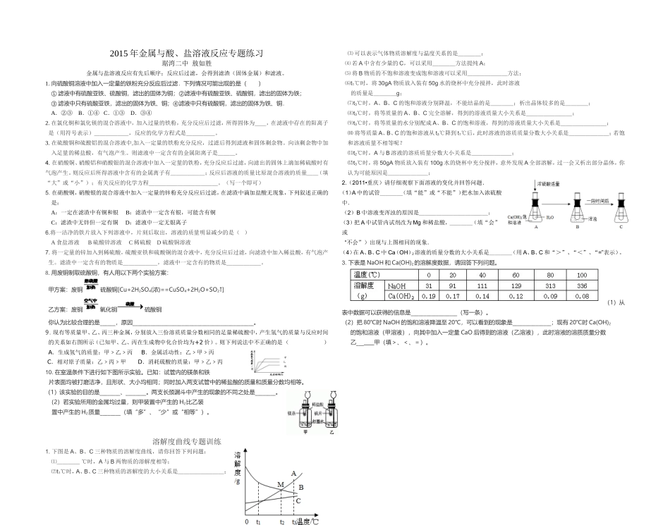 2015年金属与盐溶液反应专题训练_第1页