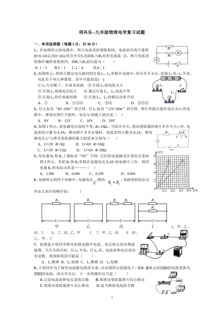 项-九年级物理电学复习试题_第1页