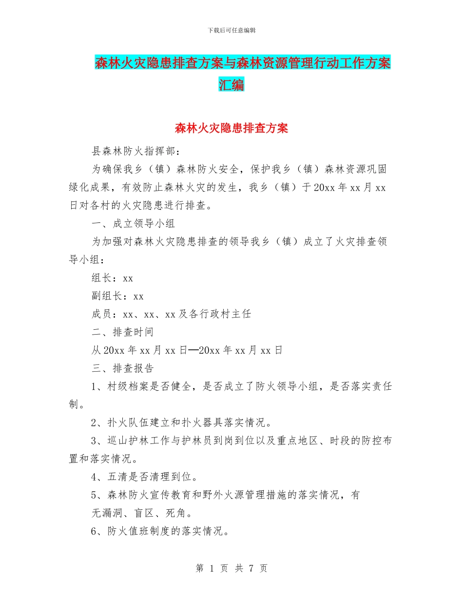 森林火灾隐患排查方案与森林资源管理行动工作方案汇编_第1页