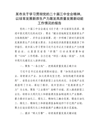 学习贯彻党的二十届三中全会精神，以培育发展新质生产力激发高质量发展新动能工作情况的报告