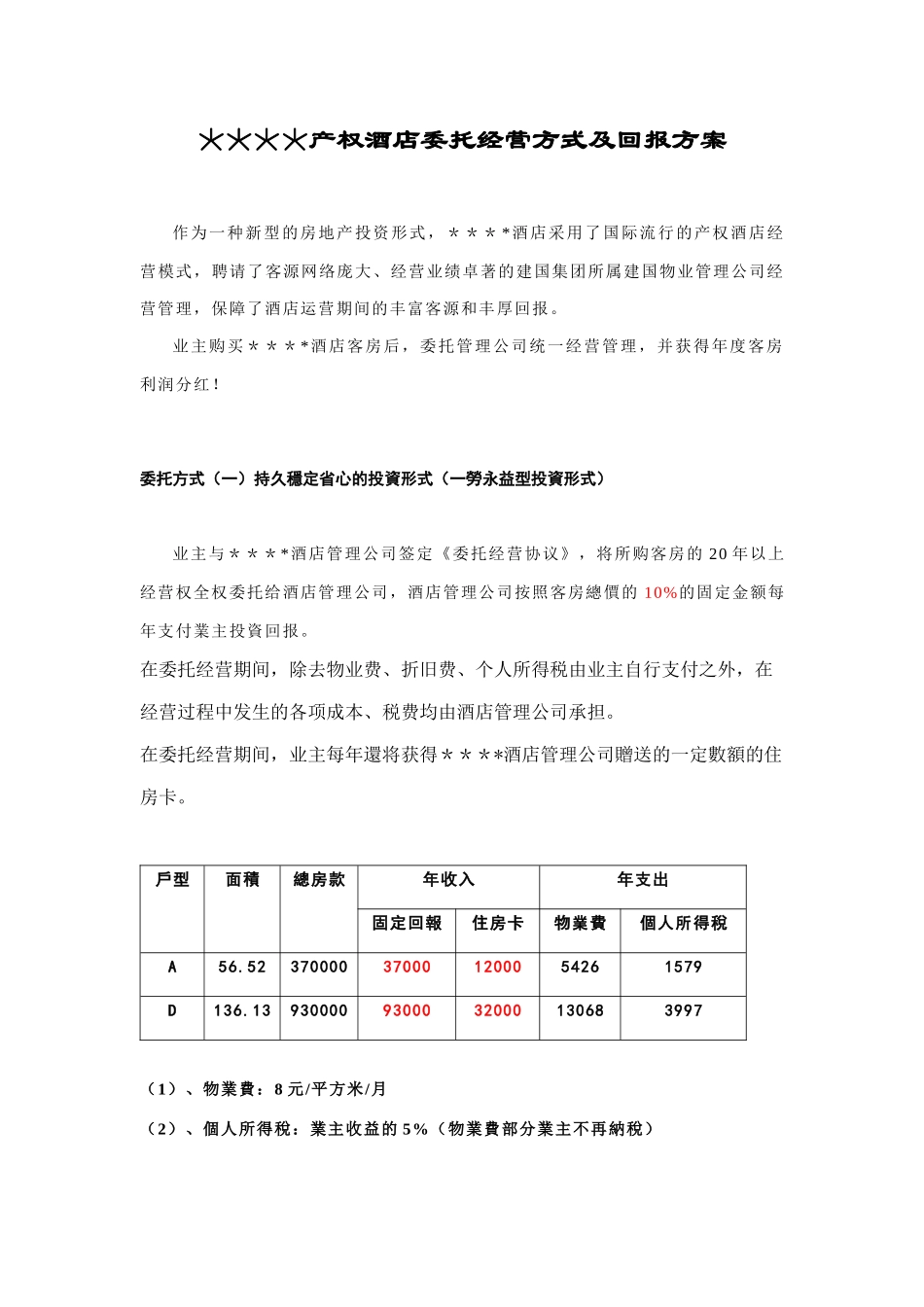 某产权酒店委托经营方式与回报方案_第1页