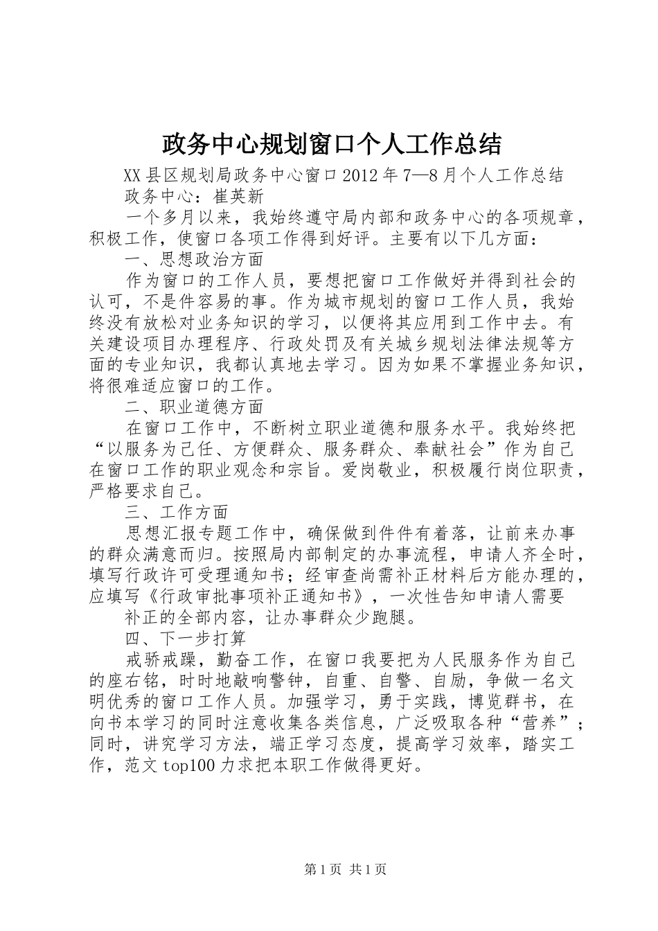 政务中心规划窗口个人工作总结 _第1页