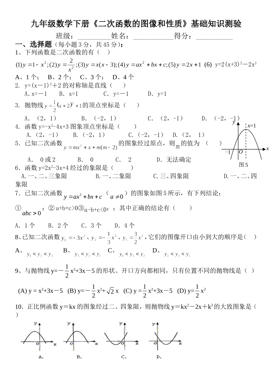 二次函数的图像和性质基础知识测试题_第1页