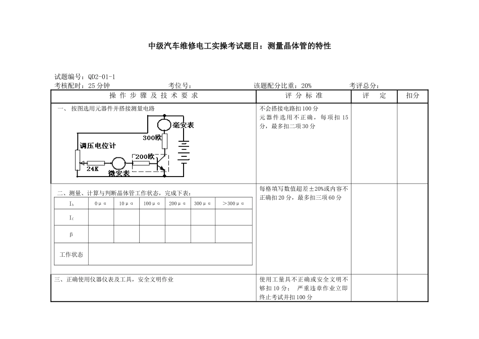 中级汽车维修电工实操考试题目测量晶体管的特性_第1页