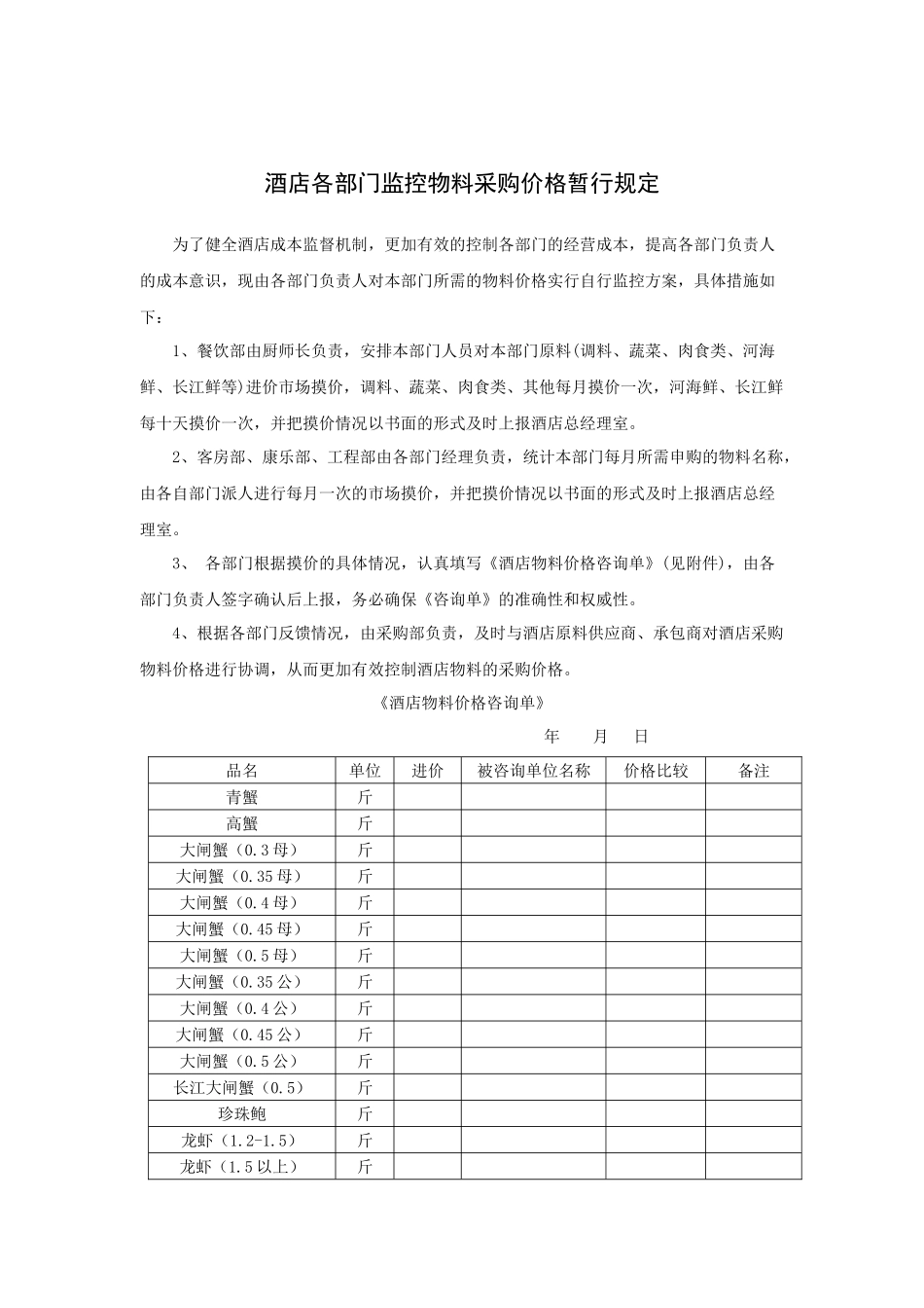酒店各部门监控物料采购价格暂行规定_第1页