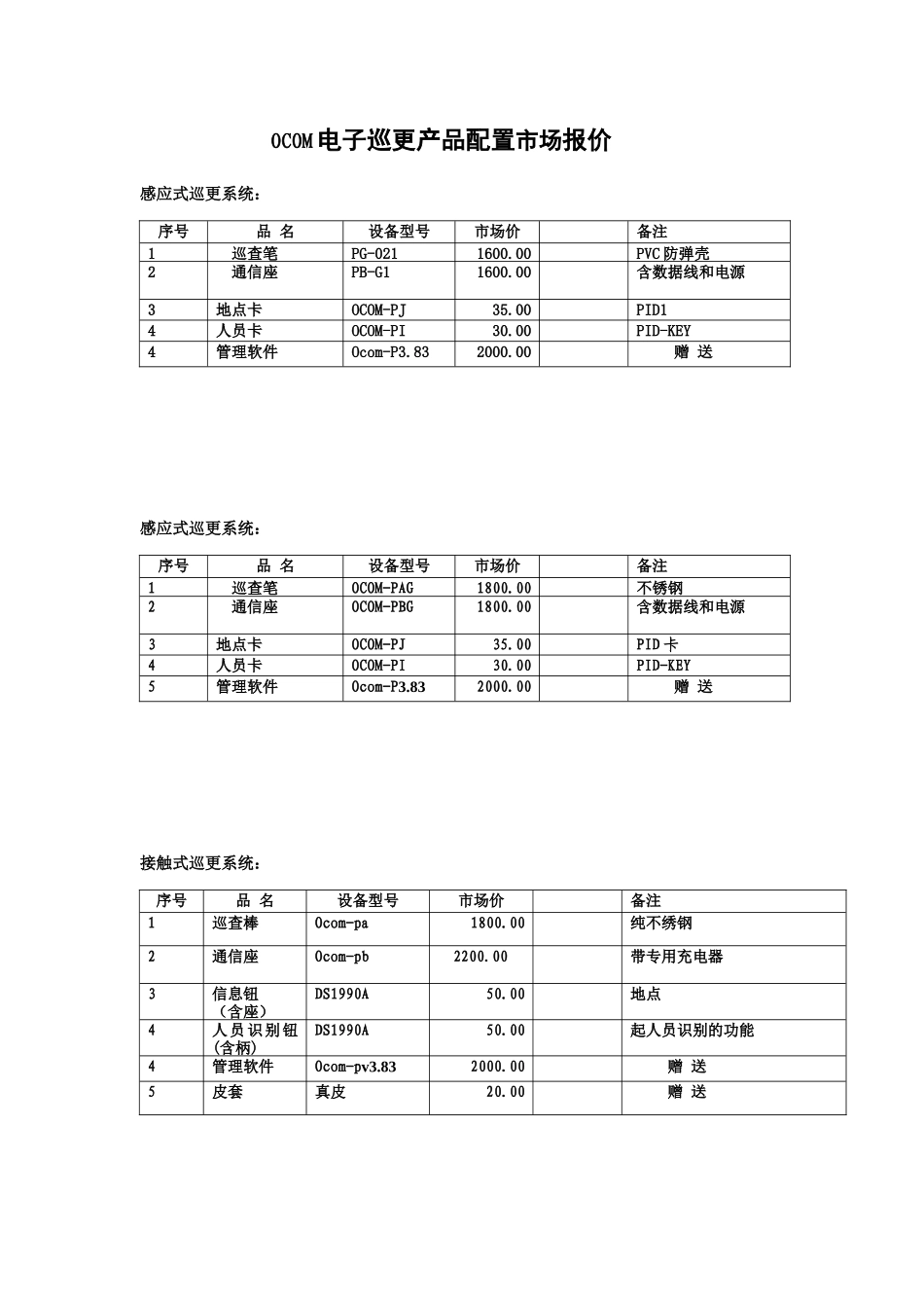 OCOM电子巡更产品配置市场报价_第1页