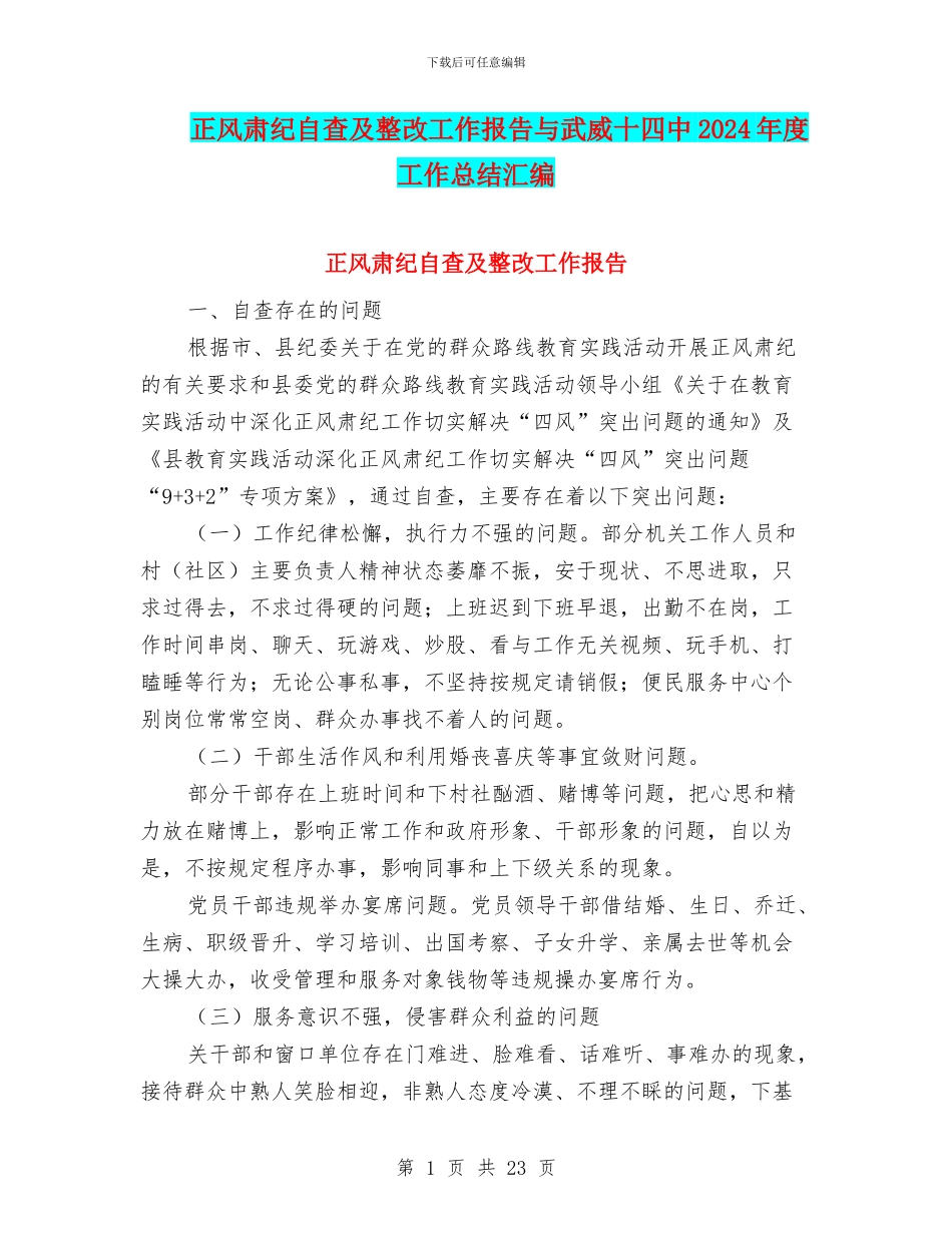 正风肃纪自查及整改工作报告与武威十四中2024年度工作总结汇编_第1页