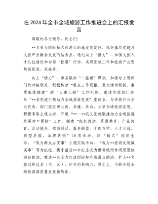 在2024年全市全域旅游工作推进会上的汇报发言