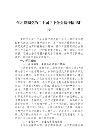 学习贯彻党的二十届三中全会精神情况汇报