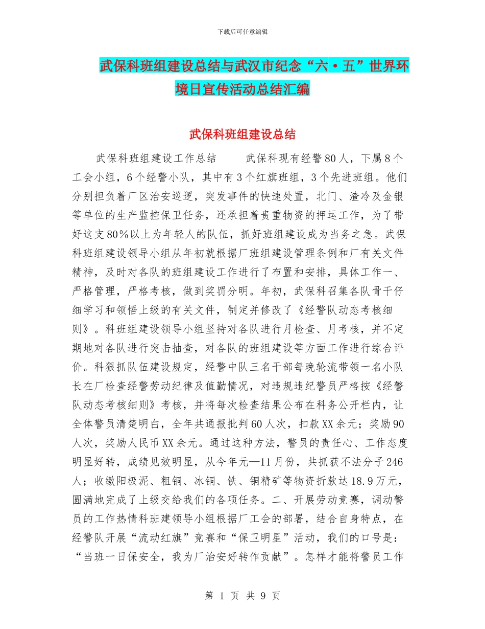 武保科班组建设总结与武汉市纪念“六·五”世界环境日宣传活动总结汇编_第1页