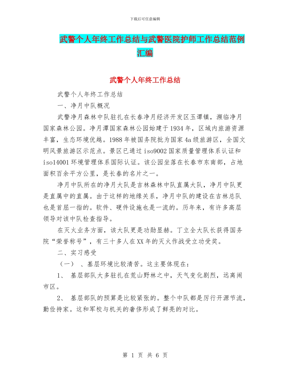 武警个人年终工作总结与武警医院护师工作总结范例汇编_第1页