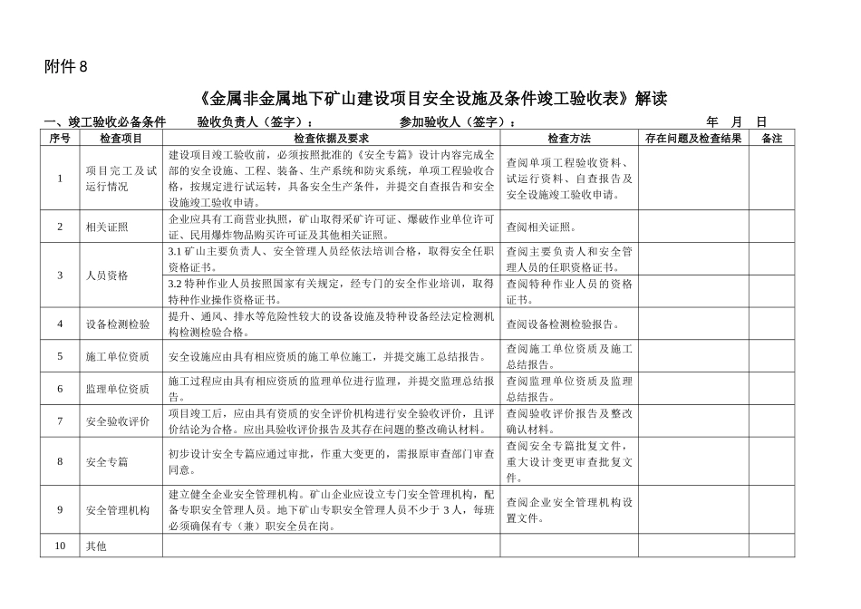 非金属地下矿山建设项目安全设施及条件竣工验收表》_第1页