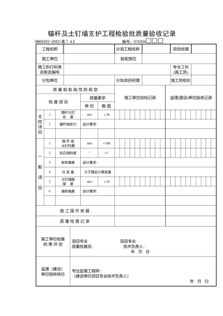 锚杆及土钉墙支护工程检验批质量验收记录