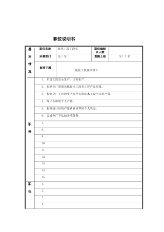 氮化工段工段长岗位说明书