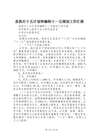 县执行十五计划和编制十一五规划工作汇报 