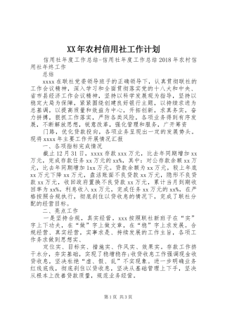 XX年农村信用社工作计划 