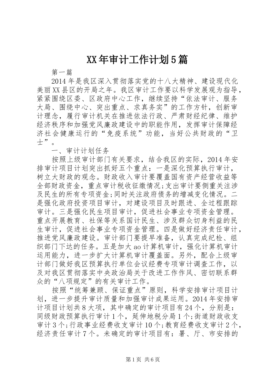 XX年审计工作计划5篇_第1页