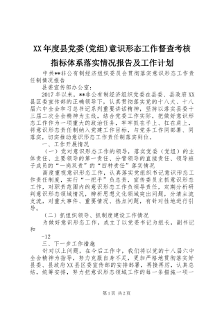 XX年度县党委(党组)意识形态工作督查考核指标体系落实情况报告及工作计划 