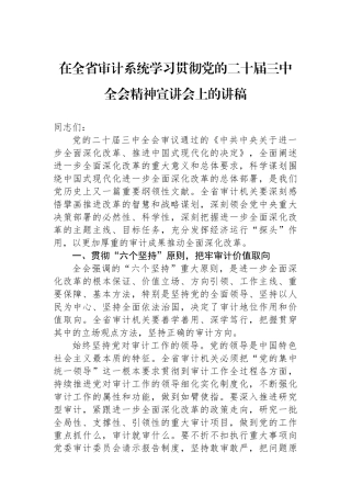 在全省审计系统学习贯彻党的二十届三中全会精神宣讲会上的讲稿