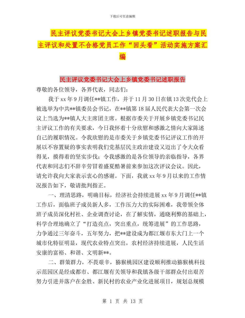 民主评议党委书记大会上乡镇党委书记述职报告与民主评议和处置不合格党员工作“回头看”活动实施方案汇编_第1页