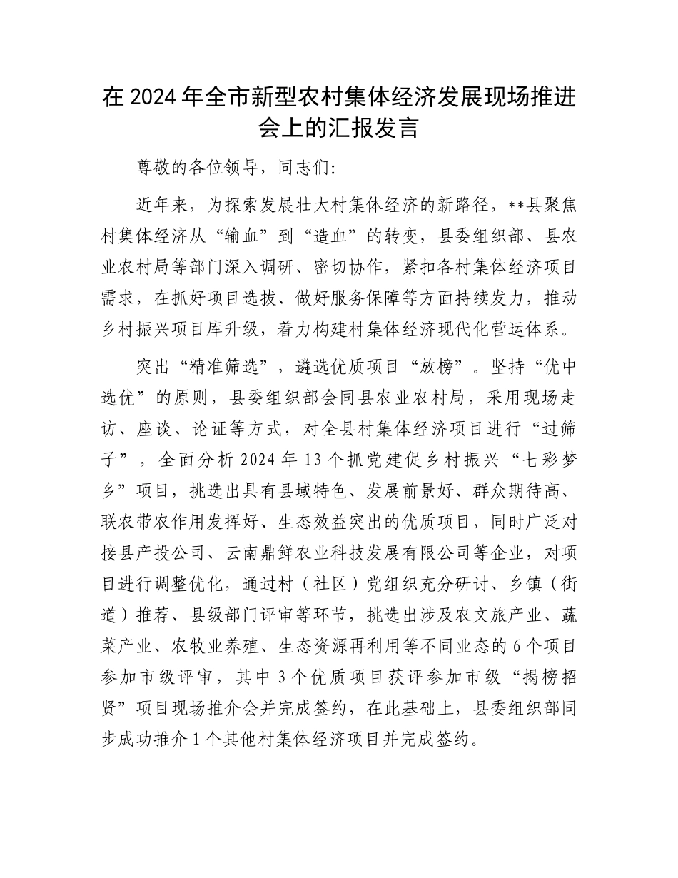在2024年全市新型农村集体经济发展现场推进会上的汇报发言_第1页