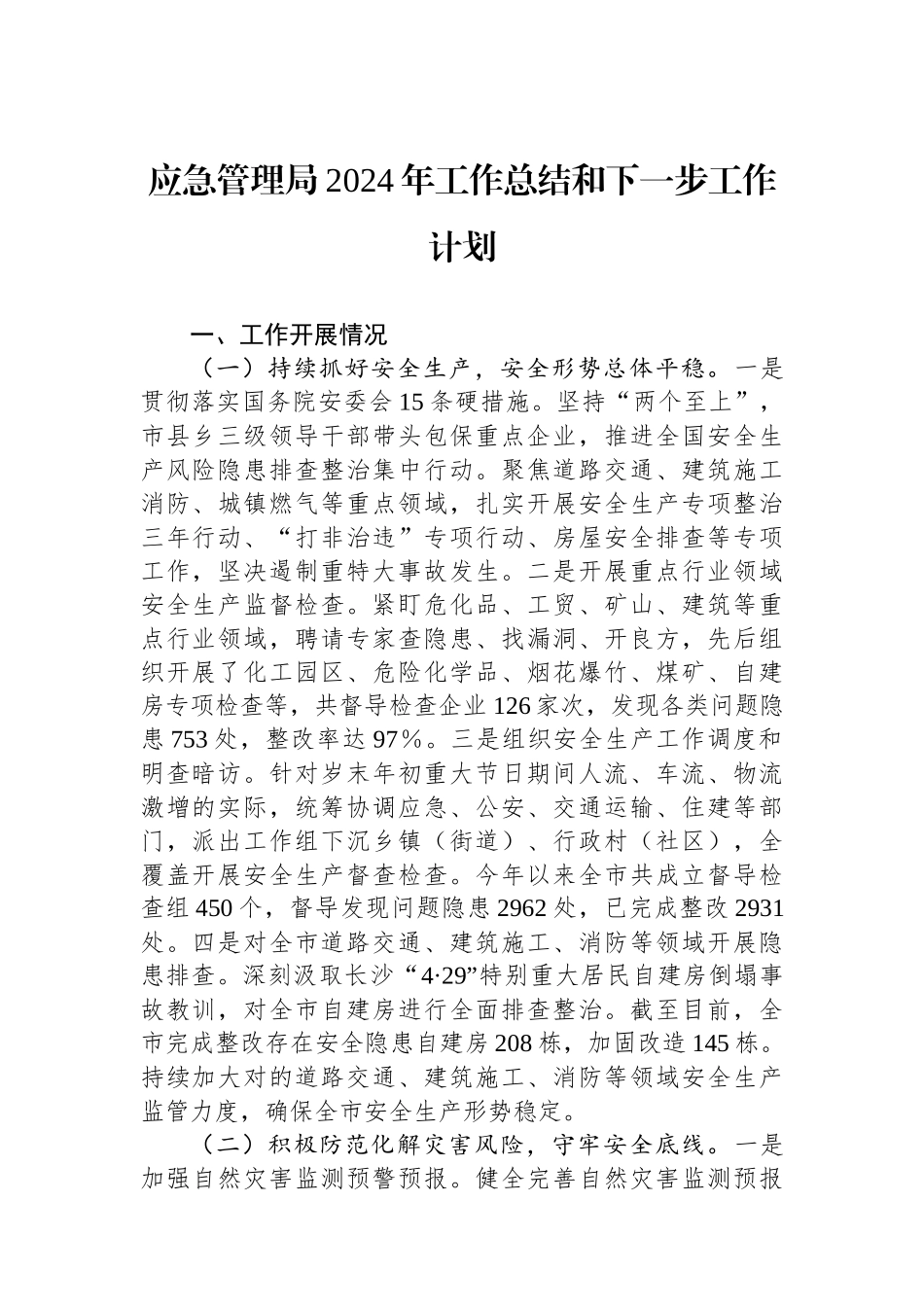 应急管理局2024年工作总结和下一步工作计划_第1页