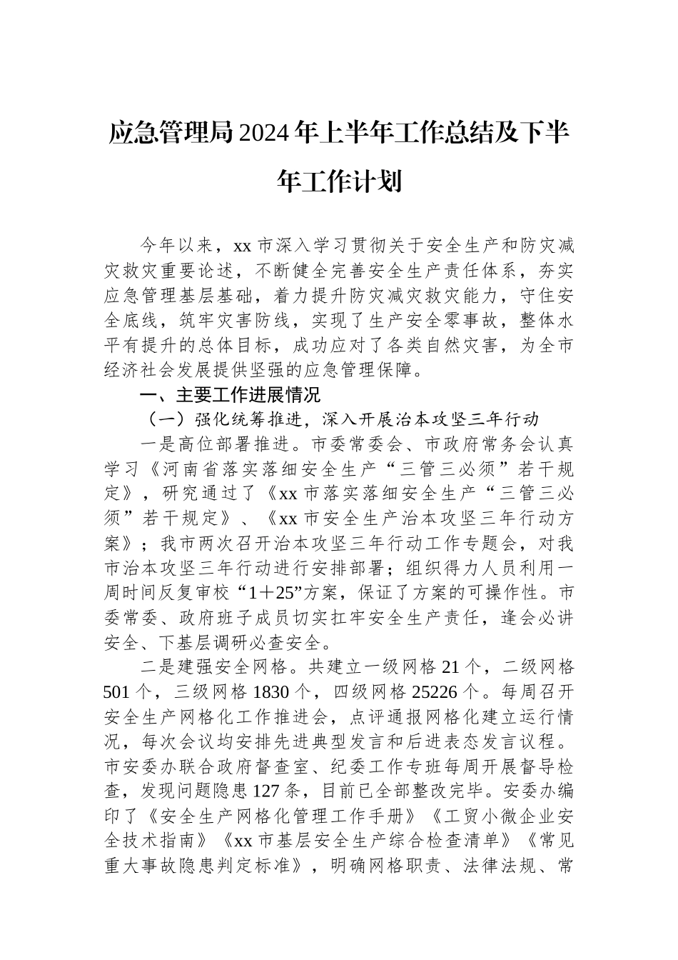 应急管理局2024年上半年工作总结及下半年工作计划_第1页
