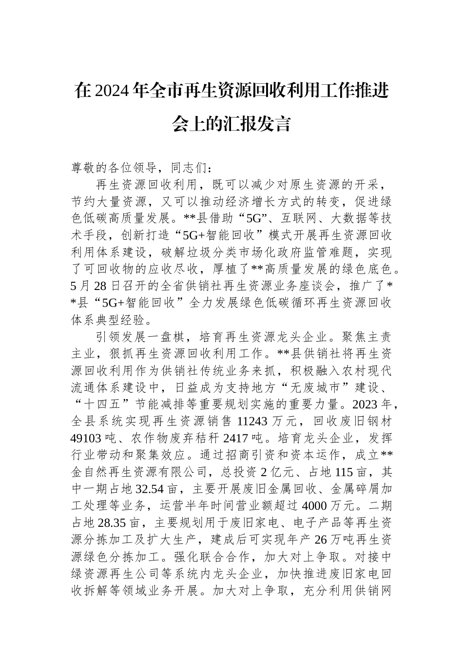 在2024年全市再生资源回收利用工作推进会上的汇报发言_第1页