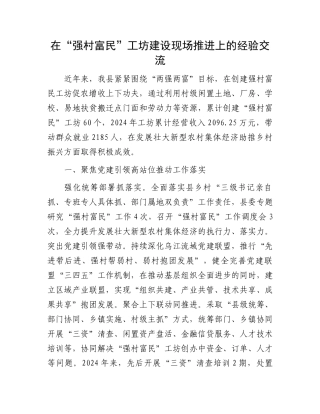 在“强村富民”工坊建设现场推进上的经验交流