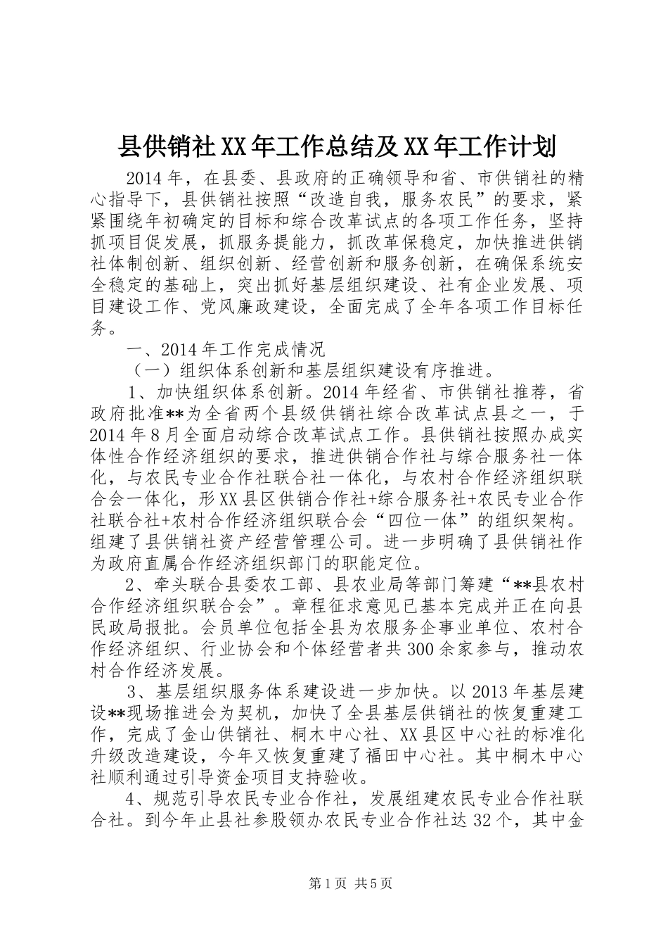 县供销社XX年工作总结及XX年工作计划 _第1页