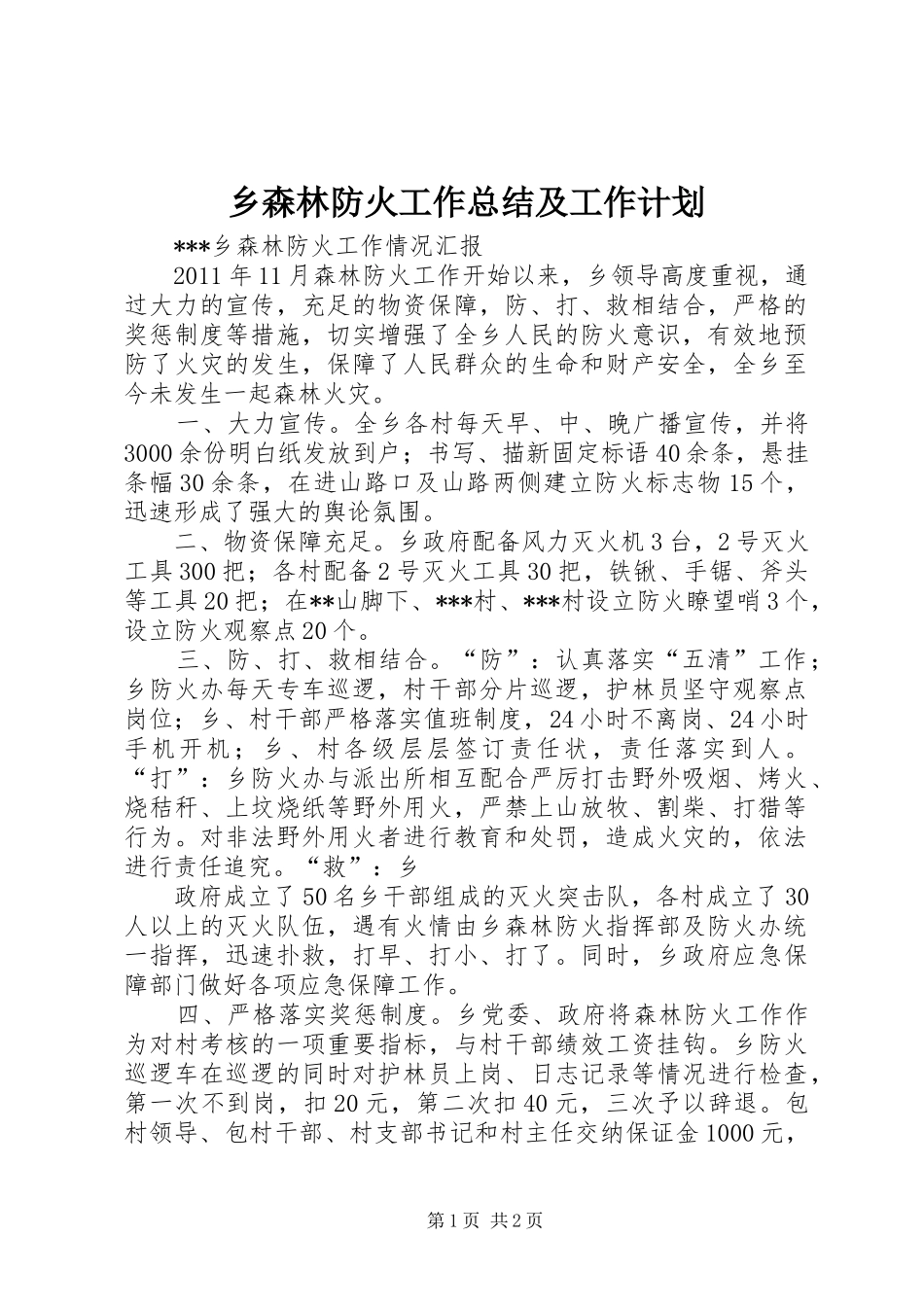 乡森林防火工作总结及工作计划 _第1页