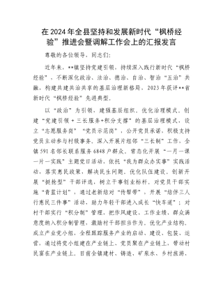 在2024年全县坚持和发展新时代“枫桥经验”推进会暨调解工作会上的汇报发言