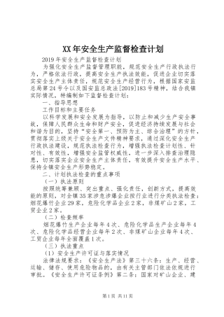 XX年安全生产监督检查计划 