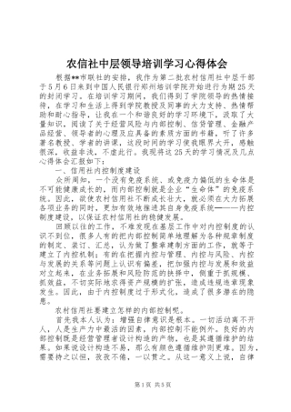 农信社中层领导培训学习心得体会